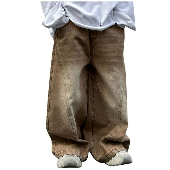 Odeerbi 2-14 Years Kids Boys Wide Leg Jeans Retro Denim Pants Solid Color Elastic Waist Cowboy Pants