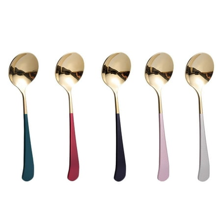 

5Pcs Stainless Steel Spoon Kids Dessert Scoop Kids Meal Spoon Creative Multifunctional Spoon (Red Dark Green Black Rose Gold