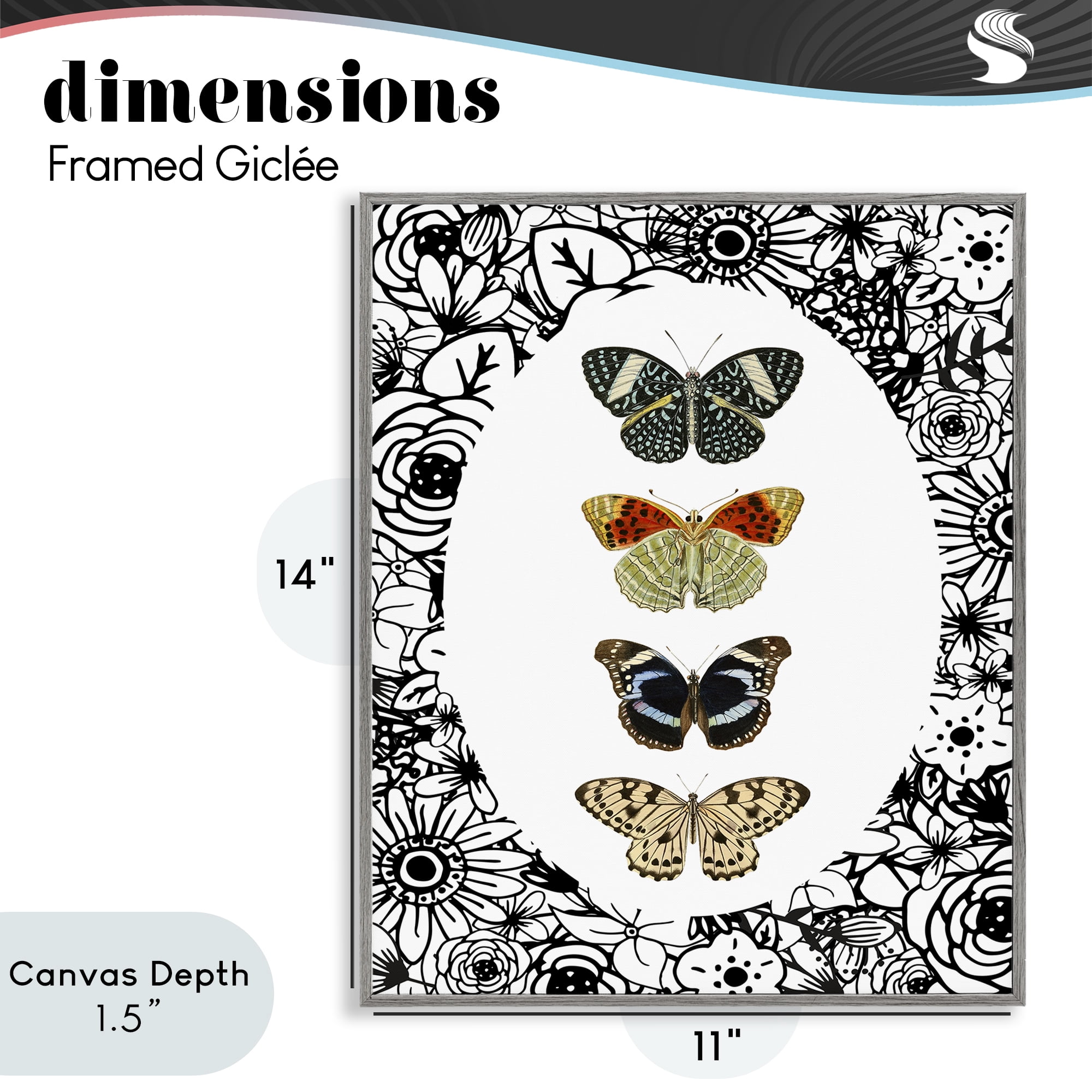 Stupell Industries Floral Butterfly Lineup Gray Framed Giclee Art, design by Dan Meneely