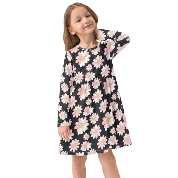Girls Dress Soft Casual Long Sleeve Cute Dress for Girls Fashion Prints Pink White Flower Crew Neck