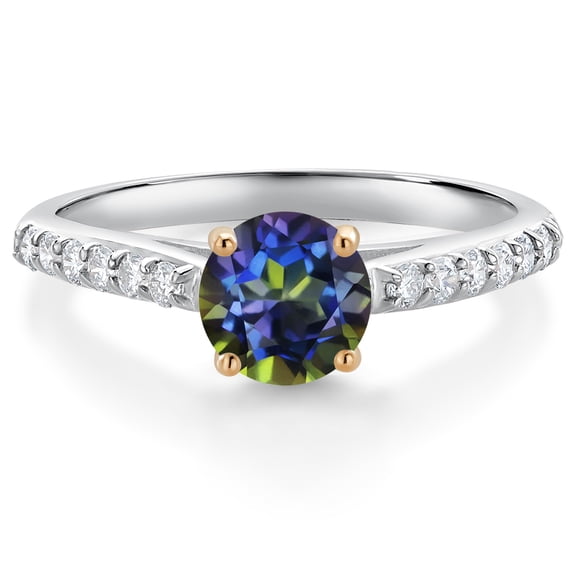 Gem Stone King 10K White Gold Blue Mystic Topaz and White Lab Grown Diamond Engagement Ring for Women (1.18 Cttw, Round 6MM, Gemstone, Size 5)