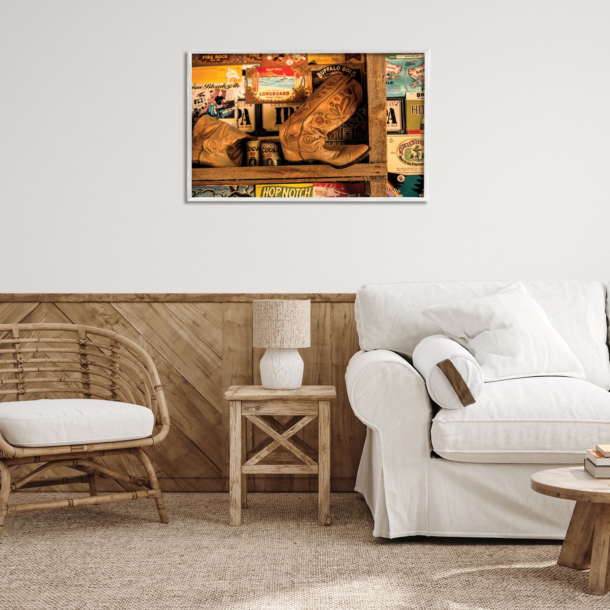 Stupell Industries Western Boots on Shelf Beauty & Fashion Painting White Framed Art Print Wall Art, 30 x 20