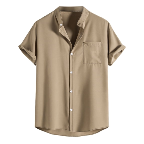 Lolmot Men's Casual Cotton Linen Solid Color Shirt Band Collar Short Sleeve Button Down Pocket Beach Summer Shirts