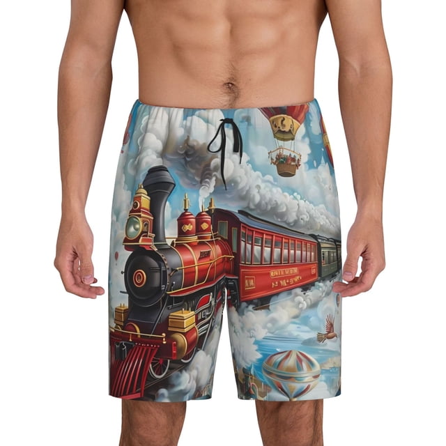 Vsdgher Short de Pyjama Rouge Imprimé Montgolfière pour Hommes Bas de Pyjama Léger avec Poches-Moyen