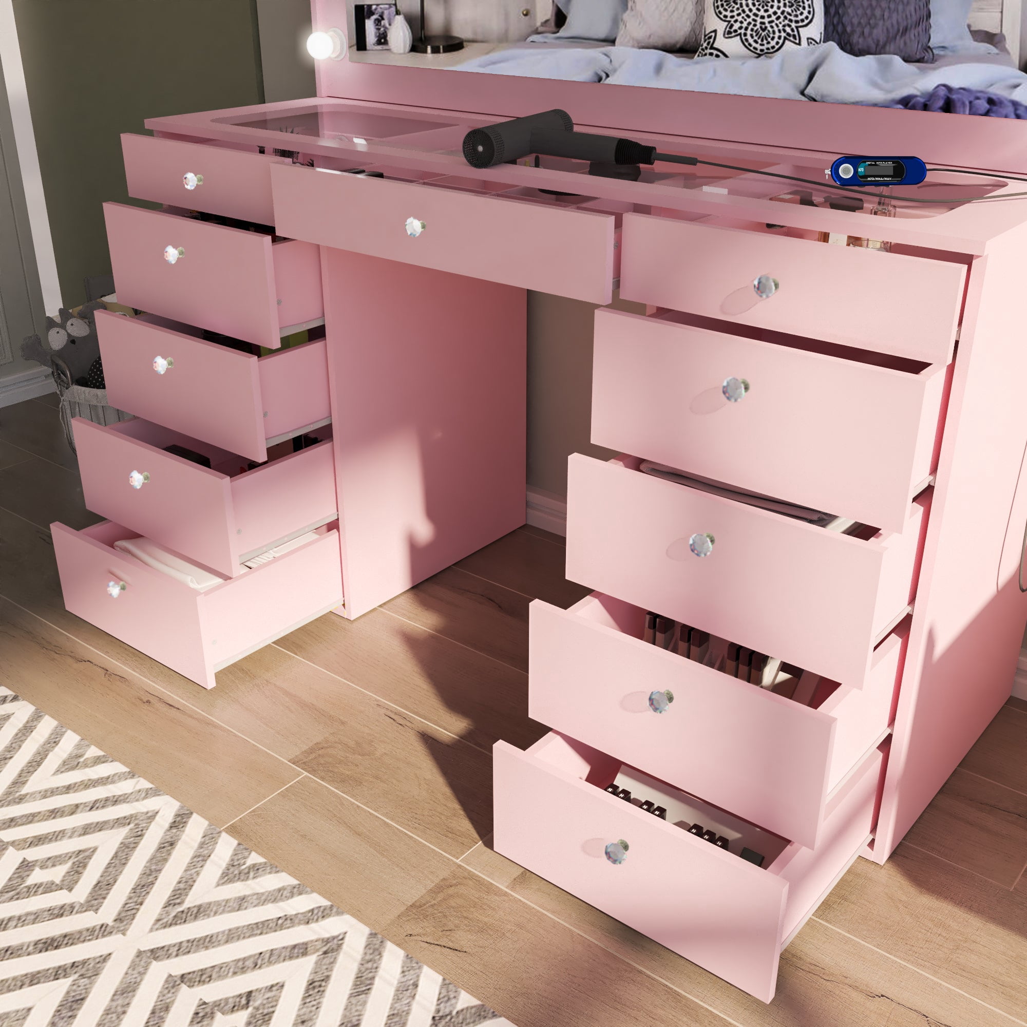 Ember Interiors Makeup Vanity with Mirror, Built-in Lights, 11 Drawers, Crystal Knobs, Pink