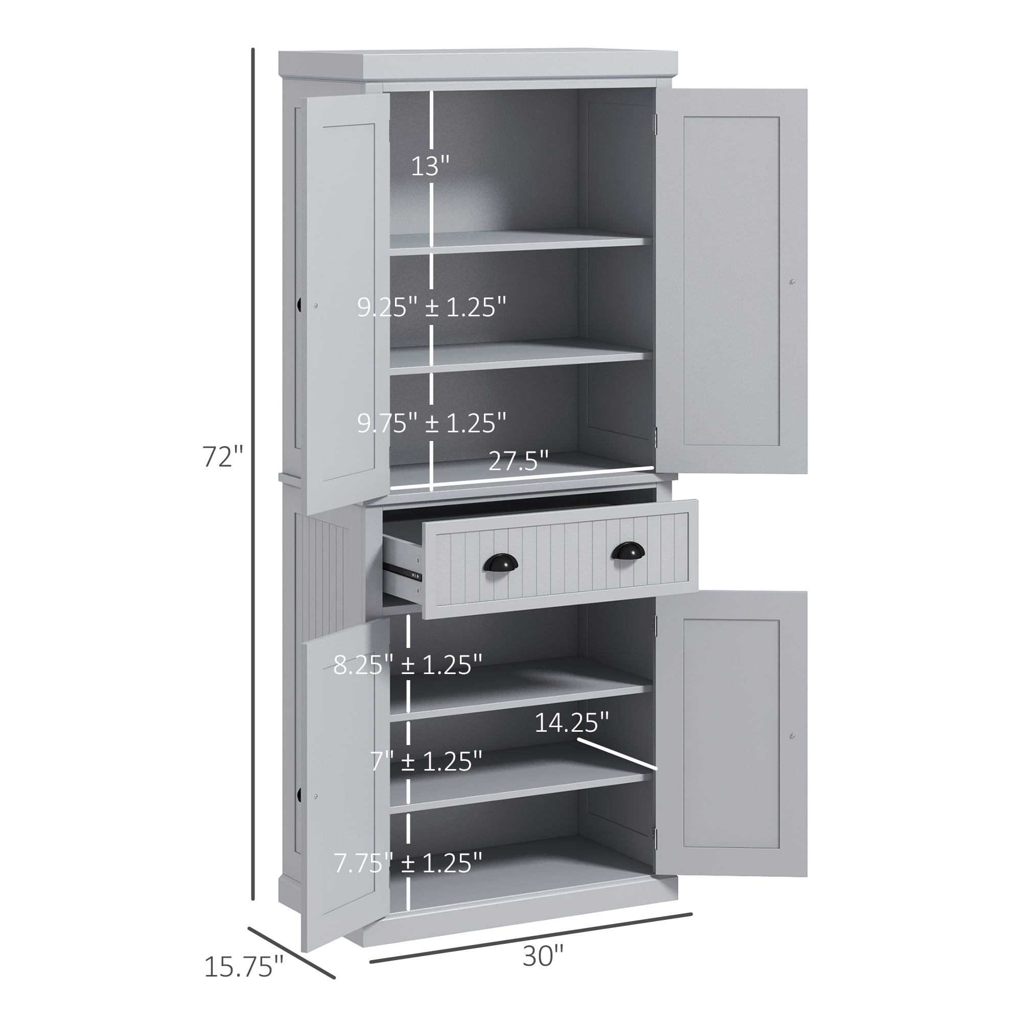 HOMCOM 72" Traditional Kitchen Pantry Cabinet, Freestanding Tall Storage Cabinet with 4 Doors, Drawer and 3 Adjustable Shelves for Dining Room, Gray