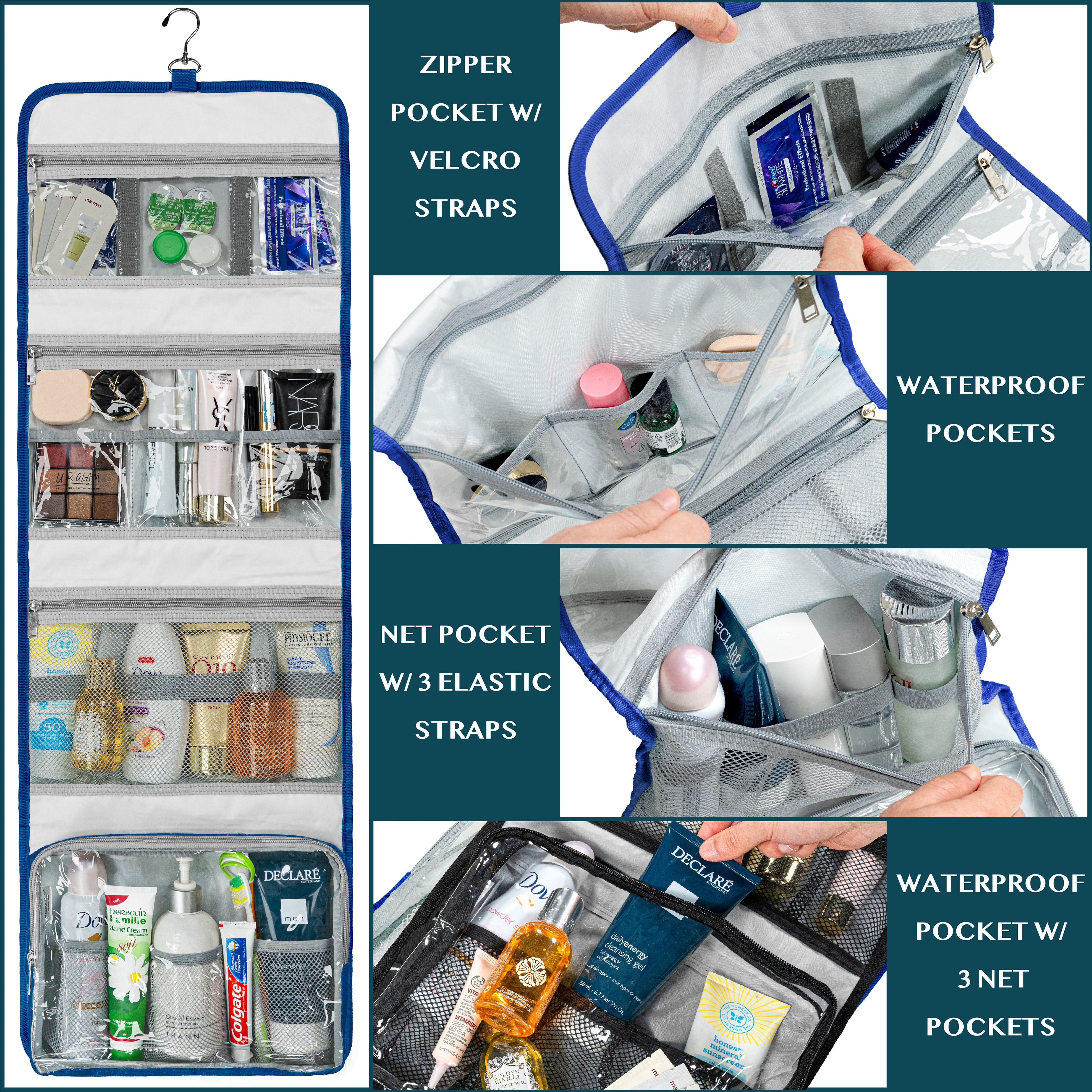PAVILIA Travel Hanging Toiletry Bag for Women Men, Extra Large Capacity Makeup Bag Kit, Waterproof Cosmetic Storage Organizer Case for Bathroom Shower, Royal Blue