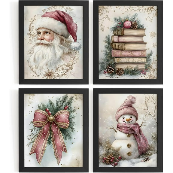 Hieng Vintage Christmas Wall Decor,Trendy Christmas Retro Posters for Room, Santa Snowman Deer Nutcracker Xmas Wall Art Prints for Living Room Kitchen Bedroom Office Set of 4 Unframed