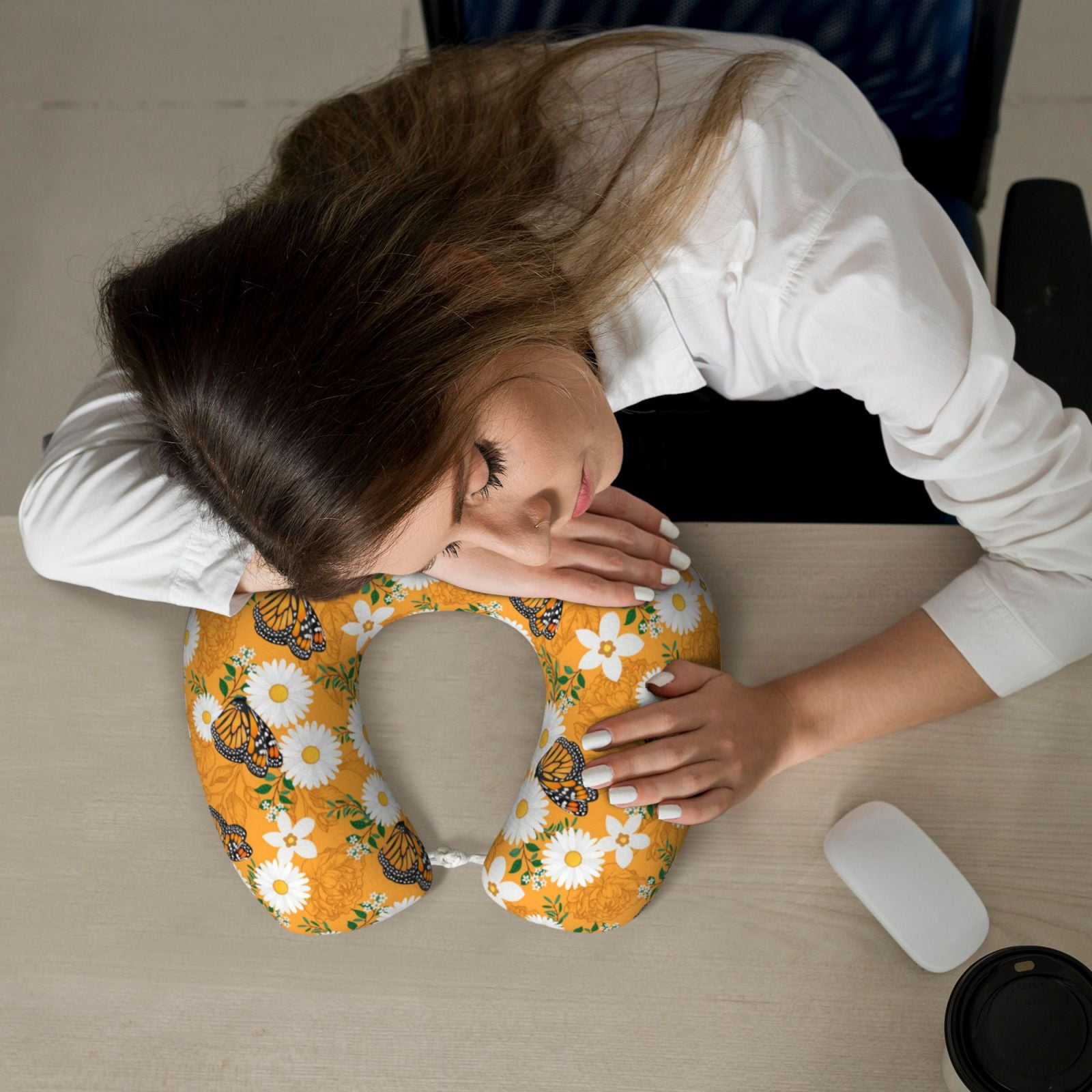 Xecao White Floral and Butterflies Print Memory Foam Cervical Neck Pillow Versatile U-Shaped Pillows for Home,Office,Camping,Travelling,Soft Washable Cover