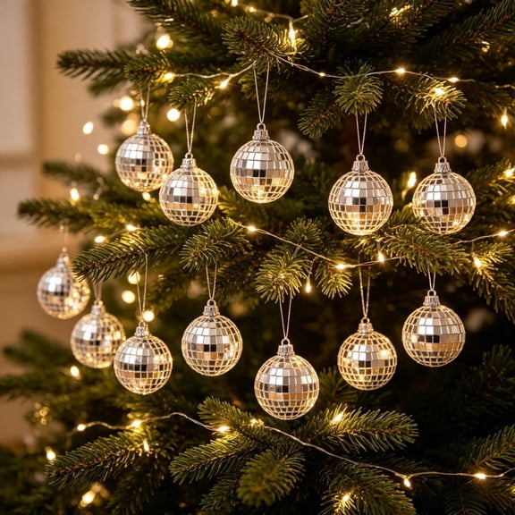 Ouuluon Set of 10 Sparkling Mini Silver Ball Ornaments, 1.2 inch Reflective Hanging Decor with Loops for Tree Party