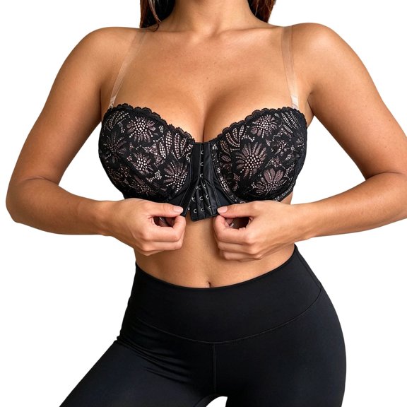 SNKSDGM Women Underwire Lace Bra, Front Clasp Clear Strap Support Daily Underwear Black XXL