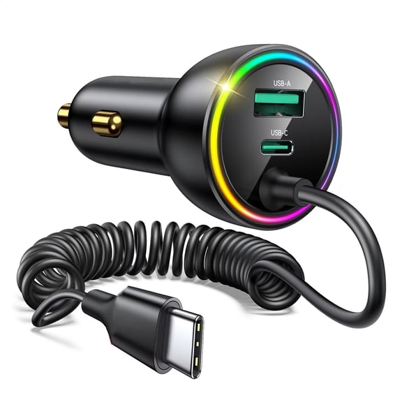 GJX 70W Car Charger Iphone 17 Pro Max Usb C Car Charger Fast Charging 5.2Ft Type C Coiled Cable Super Fast Usbc Phone Cigarette Lighter Adapter Iphone 17/16/15 Ipad Samsung Android