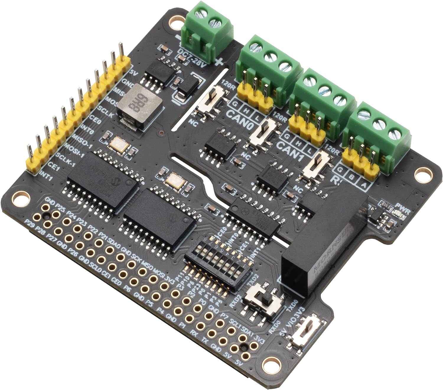 Isolated RS485 & Dual CAN HAT For Raspberry Pi - 2 CAN Bus + 1 RS485, MCP2515 + SN65HVD230 Chips, 3.3V/5V Switch, With STM32/Arduino Support