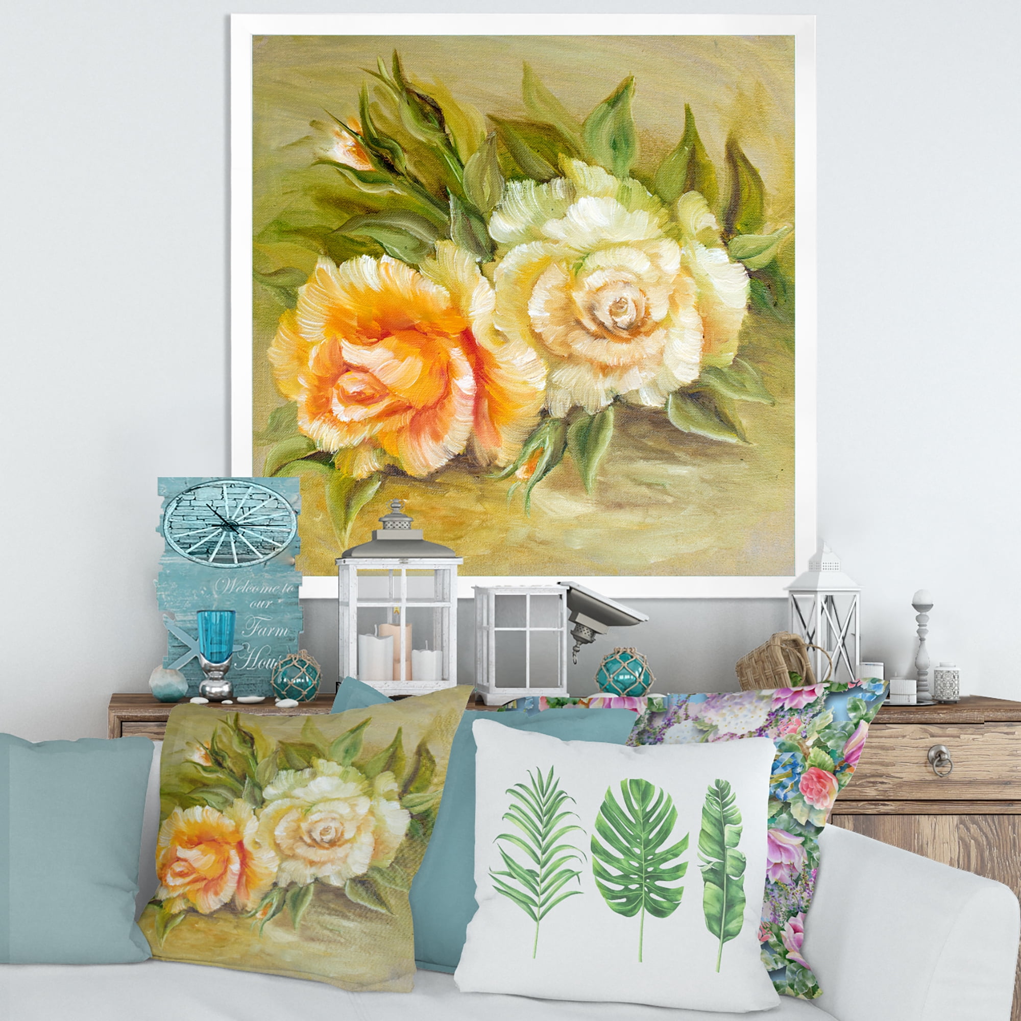 Designart 'Vintage Yellow and White Roses' Traditional Framed Art Print
