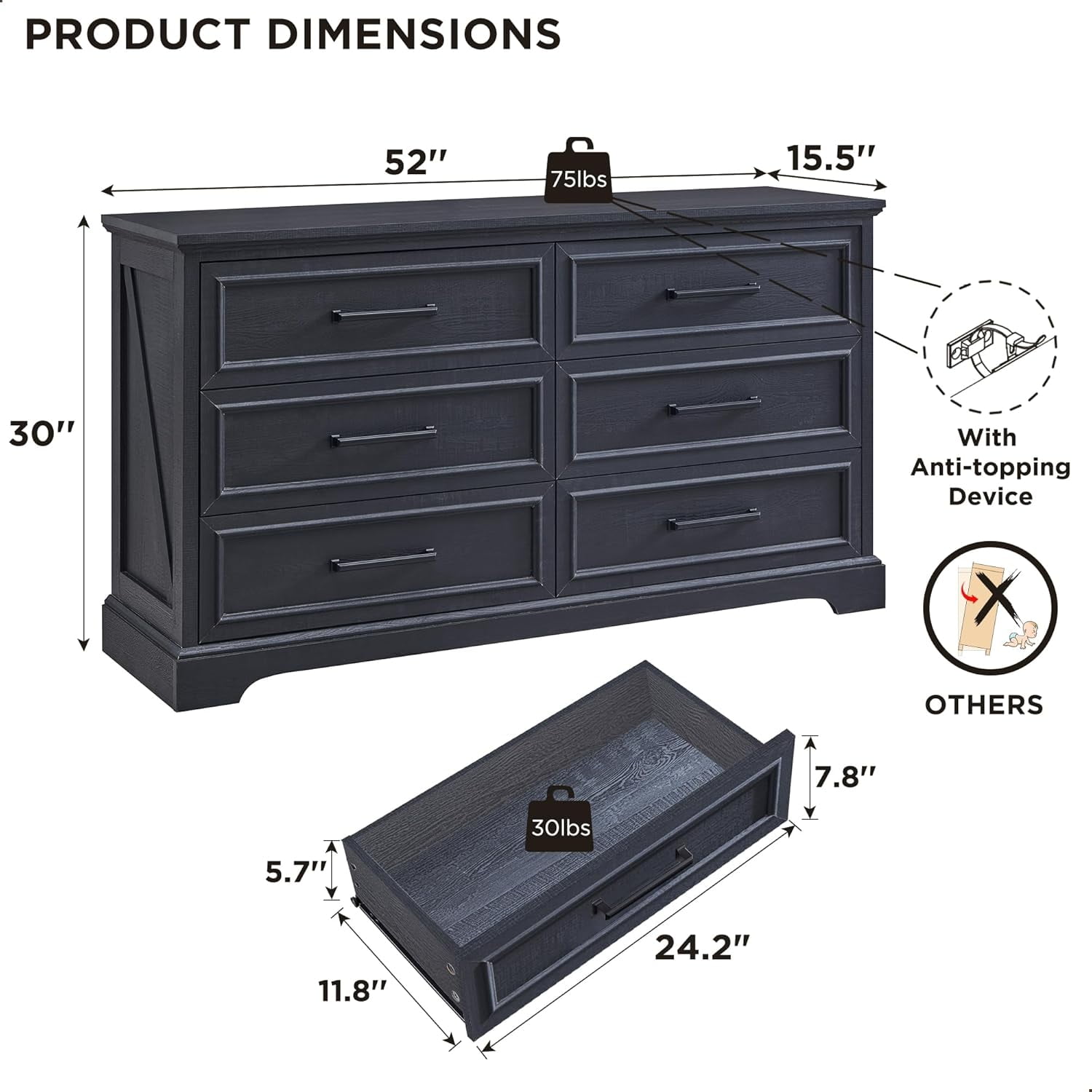 ACCOHOHO Farmhouse 6 Drawer Dresser, Rustic Wood Dresser Chest of Drawers for Bedroom, 52'' Wide TV Stand with Large Drawers for Living Room, Black