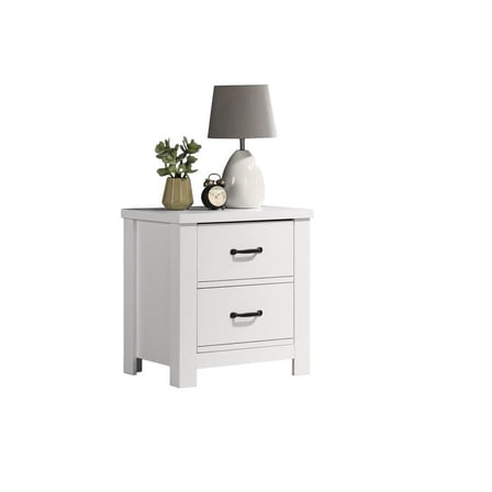 FurniFact 2-Drawer Nightstand, White, Black Handles