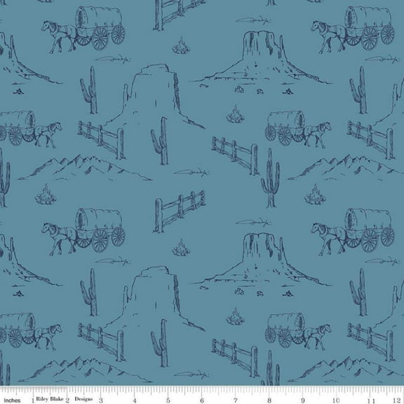 John Wayne Western Landscape Blue Cotton Fabric