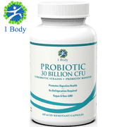 1 Body Probiotic 30 Billion CFU Supplement with Prebiotics with 60 Vegetarian Acid Resistant Capsules to Promote Gut Health & Support Immune System for Men and Women