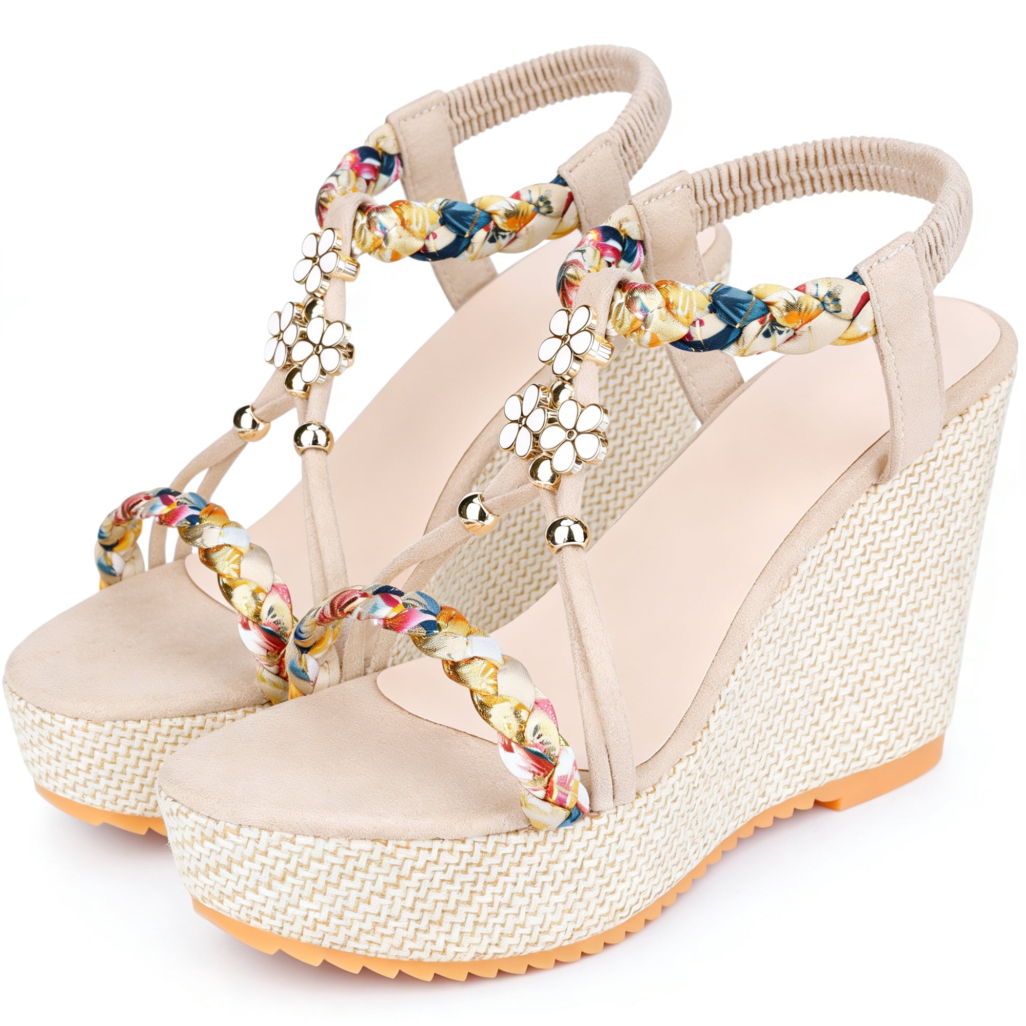DARING DIVA Women's Stylish Bohemia Pull on Platform Wedge Heel Sandals Beige-2 6.5