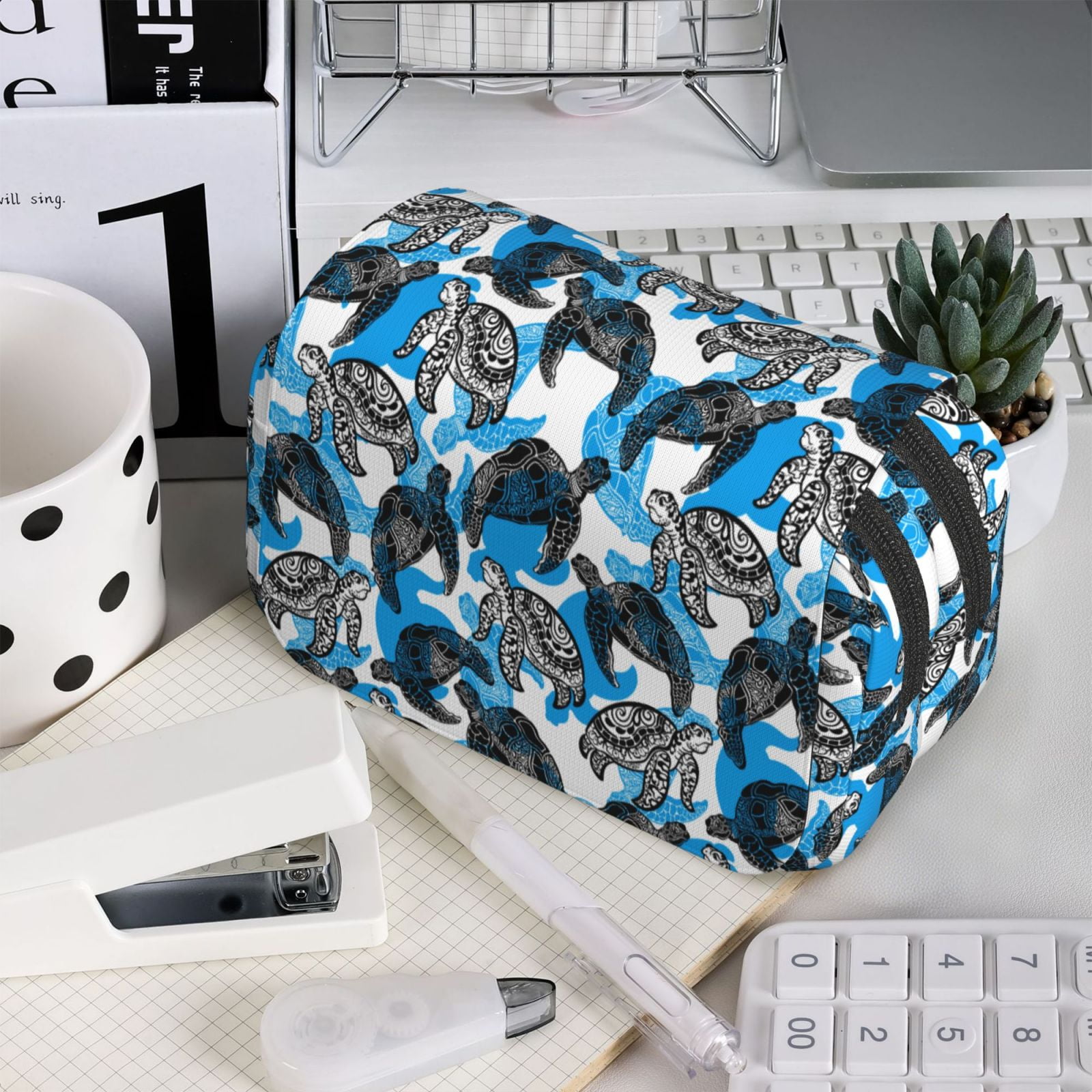 Rateoe Sea Turtle Life Pattern Double Clamshell Pen Case, Storage Organizer with Two Zipper Compartments– Holds Up to 50 Pencils & Pens