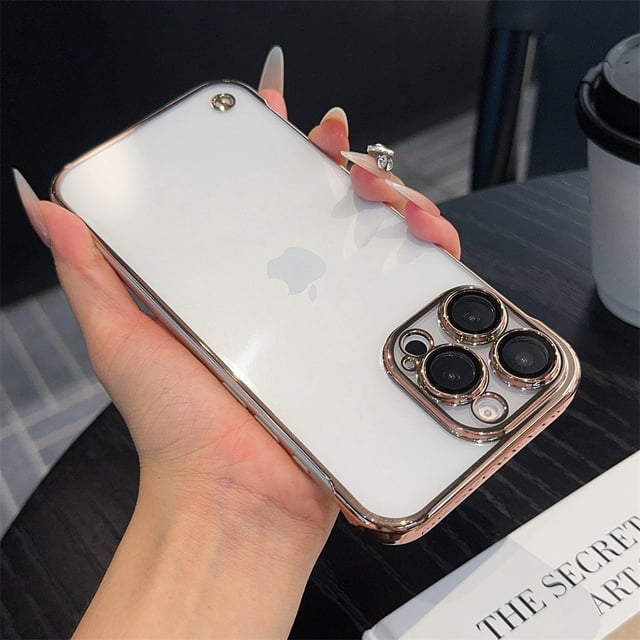Transparent Ultra Thin Frameless Phone Case For iPhone 16 Pro Max 16 Plus 15 Pro Max Luxury Full Lens Plating Protection Cover Gold For iPhone 15