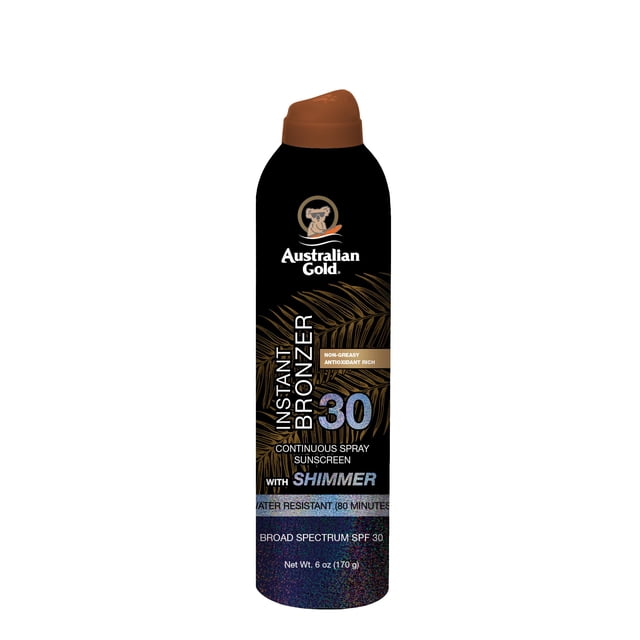 Spray Protector Solar Australian Gold SPF 30 Continuo con Bronceador Instantáneo y Brillo, 170 g, Protección Amplio Espectro UVA/UVB, Resistente al Agua, Fragancia Cocoa Dreams