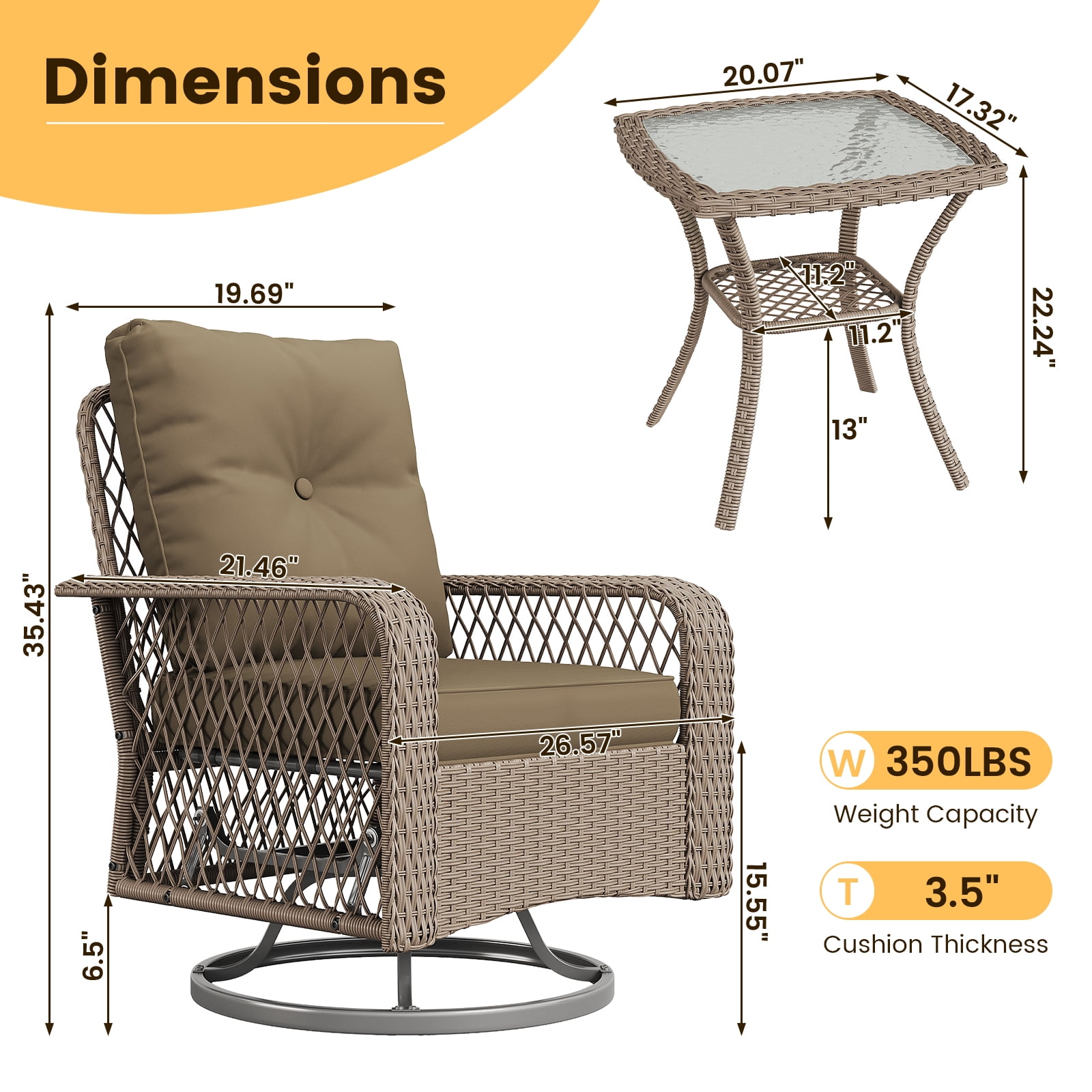 ELPOSUN 3-Piece Patio Furniture Set, Outdoor Wicker Swivel Glider Chair with Glass Top Table and Cushions, Brown