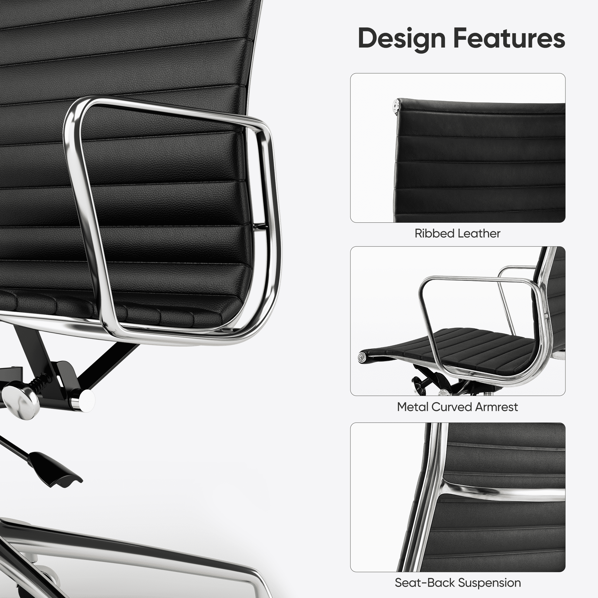 Ribbed Genuine Leather Office Chair, Hight Back, Adjustable Ergonomic Computer Chair Black 1PC