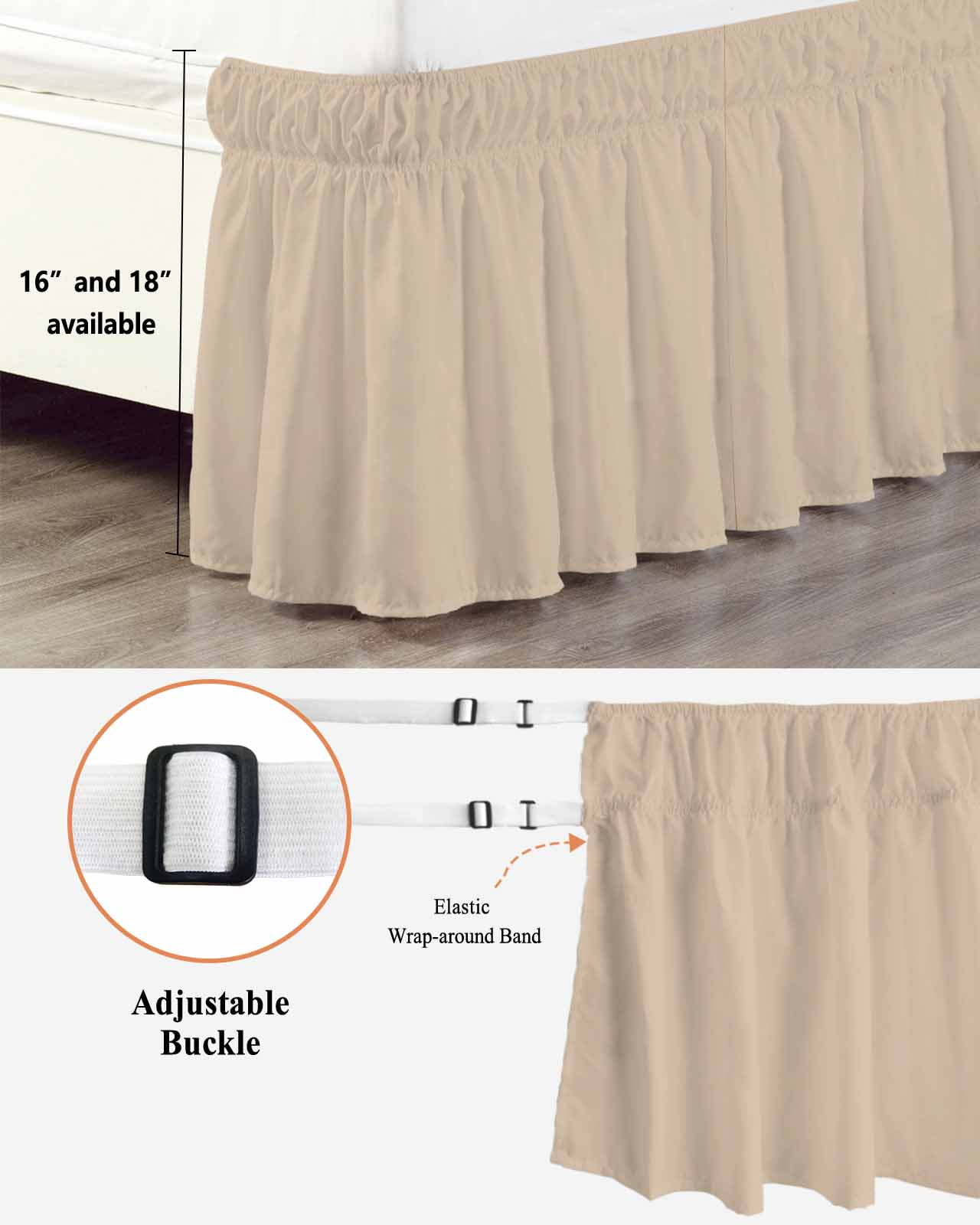 Solid Color Bed Skirt Queen Size 18" Drop Light Khaki Ruffled Wrap Around Bed Skirts Adjustable Elastic Bedskirt Dust Ruffle for Queen Size Bed
