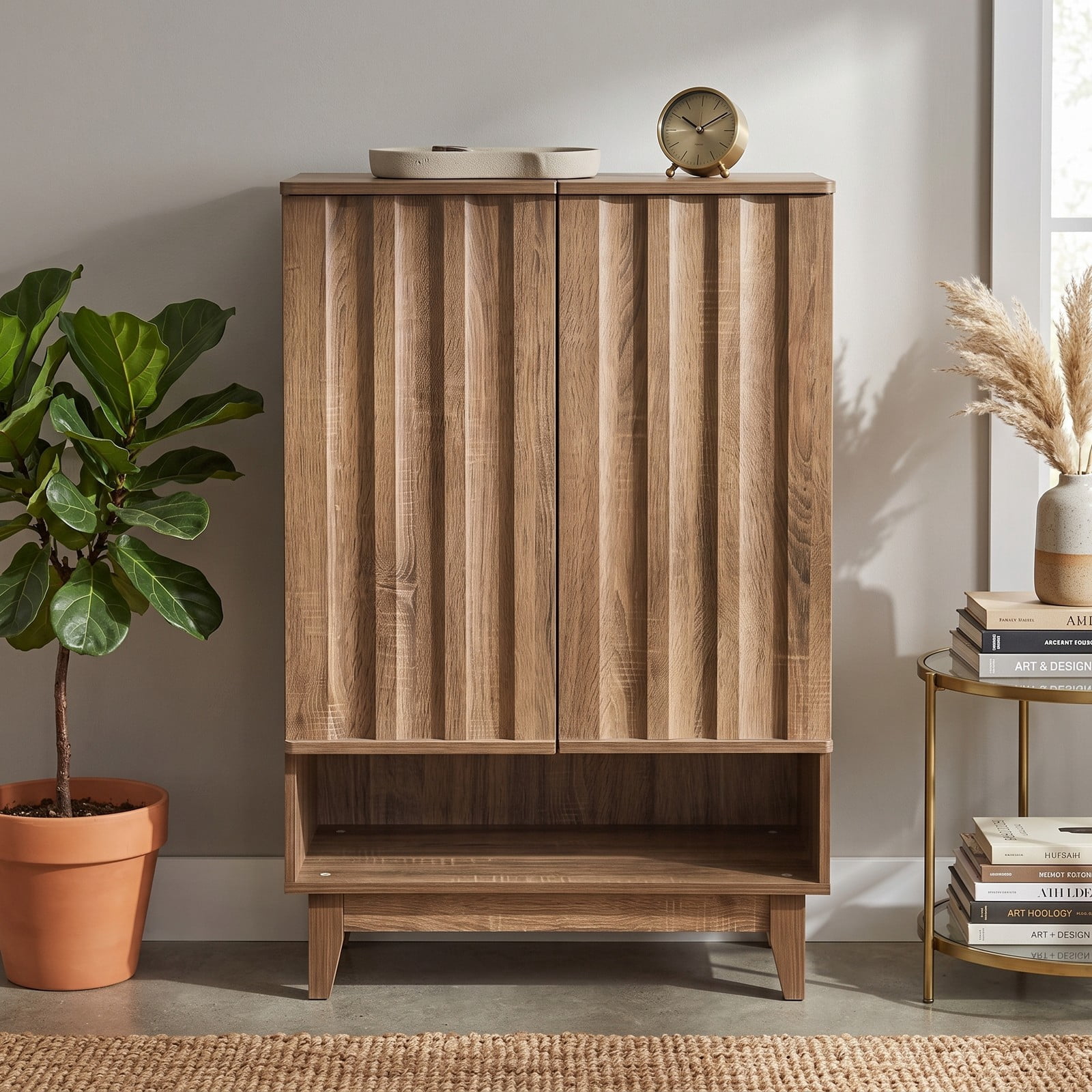 Furnibear 6-Tier Shoe Storage Organizer Cabinet with Louvered Door and 3 Removable Shelves for Entryway and Hallway Use, Rustic Oak
