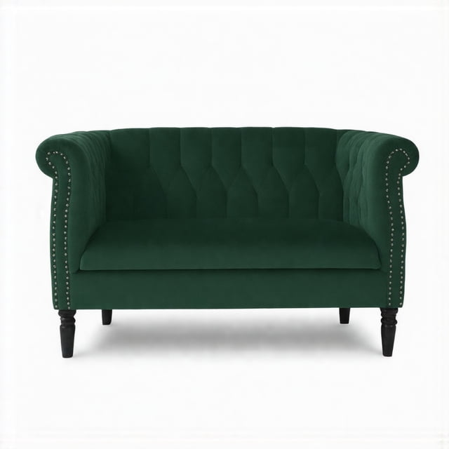 Causeuse à Accoudoirs Roulés en Velours Émeraude Style Chesterfield
