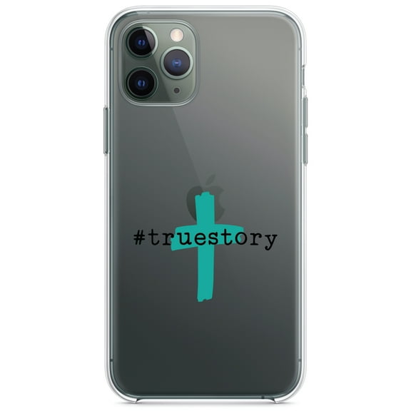 DistinctInk Clear Shockproof Hybrid Case for iPhone 13 (6.1" Screen) - TPU Bumper Acrylic Back Tempered Glass Screen Protector - #truestory - Cross - Christian - Teal