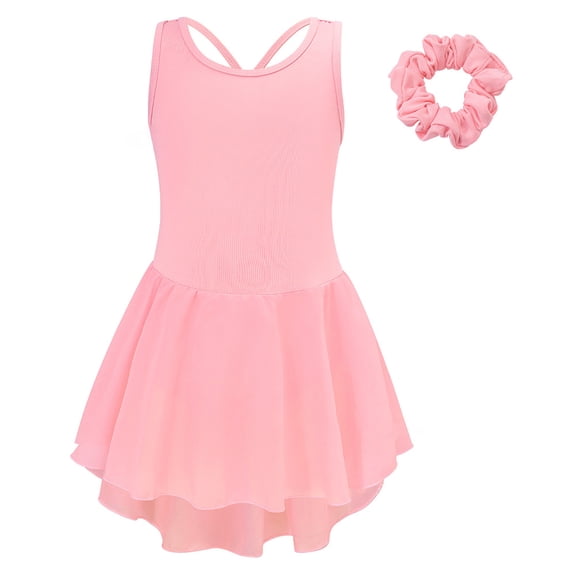 VNKIDY Girls Dance Dress Kids Solid Color Sleeveless Ballet Dress Criss Cross Back Layered Chiffon Skirt Dress Matching Scrunchie For Dance Practice Pink 9-10 Years