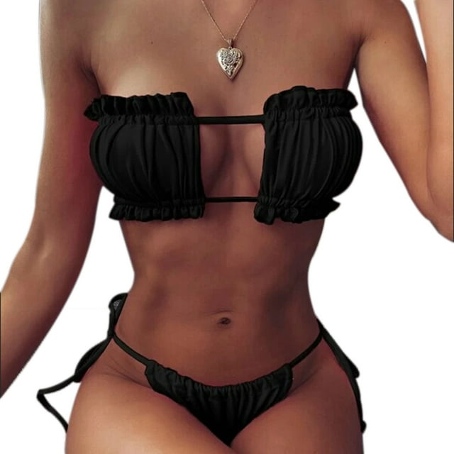 Gupgi Womens Solid Color Swimming Set, Bandage Bikini Top + Lace Up Briefs