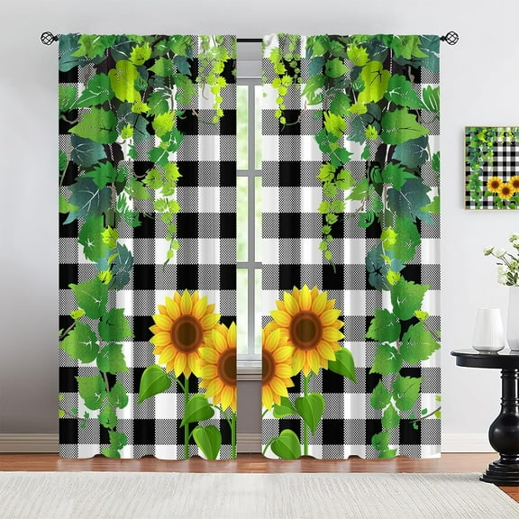 Black Buffalo Plaid Rod Pocket Blackout Curtains, Yellow Sunflower Flower Length Kitchen Window Curtains, Bathroom Curtains Sets 2 Panels Light Filtering for Cafe Living Room Bedroom-W42xL63in