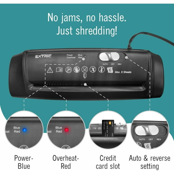 Paper Shredder for Home, Shredders Heavy Duty with Extendable Arm – 6 Sheet Strip-Cut, Credit Card Slot, Mini Document Without Basket Office Overheat, Jam Protection
