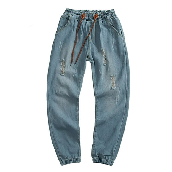 Casual Jogger Jeans With Drawstring Plus Size Ripped And Distressed Streetwear For Stylish Men'S Jeans Light Blue Xxl