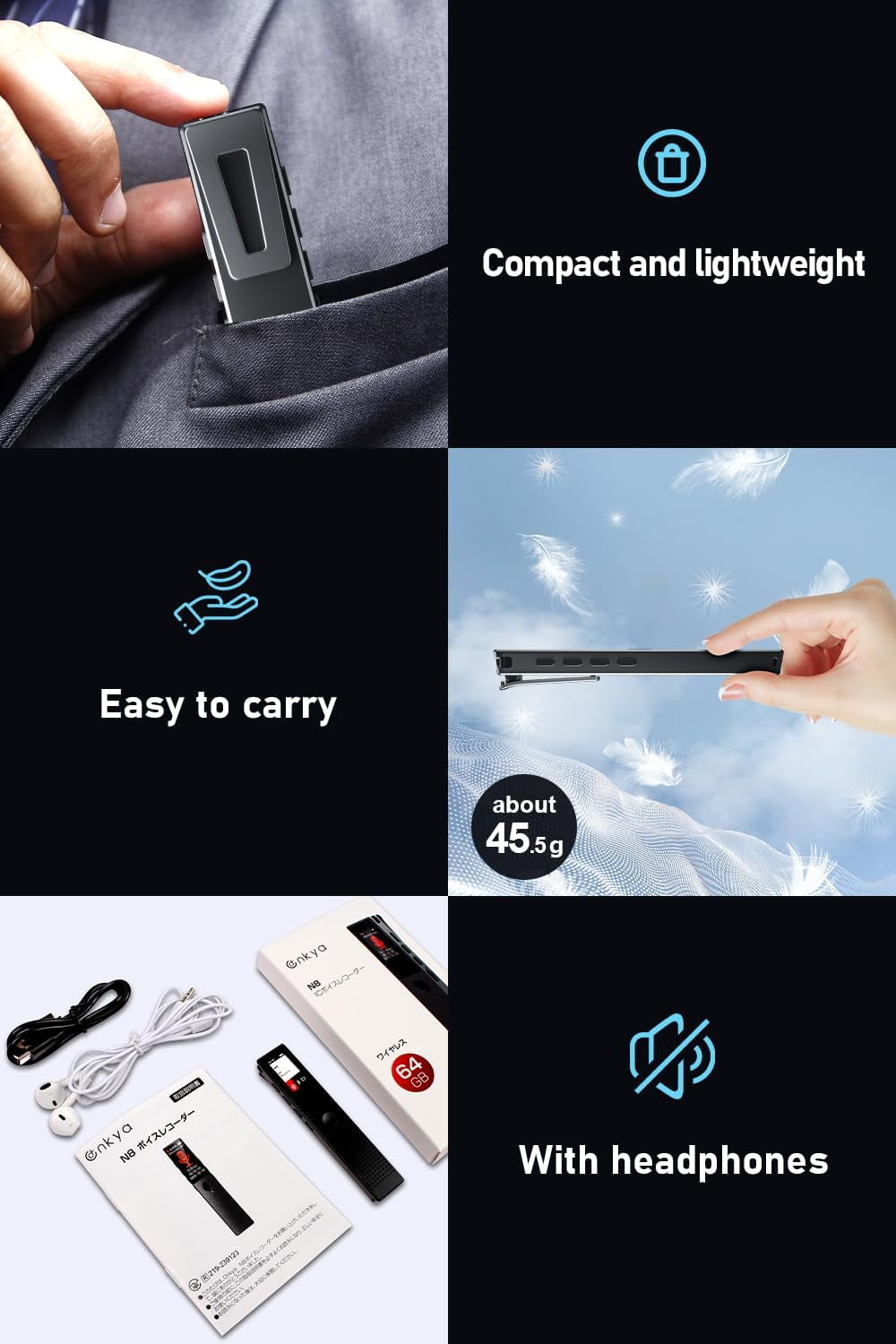 MUSICOZY Voice Recorder Compact IC Recorder MP3 Player [64GB Large Capacity & Bluetooth 5.2 & 3072kbps Sound Quality] VOR Recording AB Recording Repeat Playback Bluetooth Lecture Recording