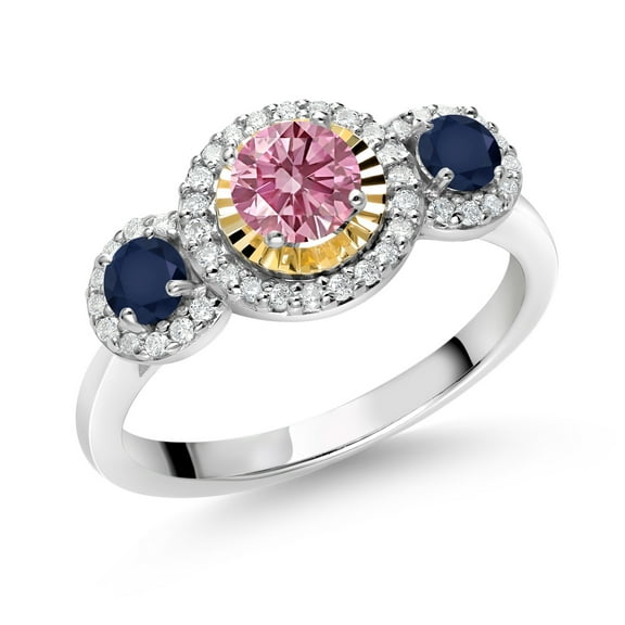 Gem Stone King 0.87 Ct Pink Lab Grown Diamond Blue Sapphire 925 Silver and 10K Yellow Gold 3 Stone Women Engagement Ring (Size 9)