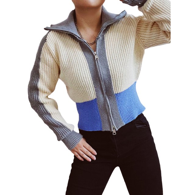 TRKIYQC Suéter con cremallera de otoño para mujer, chaqueta de punto con cremallera doble de manga larga con solapa de retazos de color de punto, azul verde TRKIYQC moda