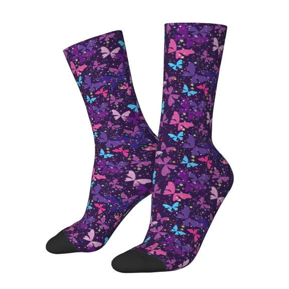 Honeii Bright Purple Butterflies Print Adult Socks,Crew Socks,Casual Calf Socks,Daily Wear Socks for Men & Women, Perfect for Sports, Casual and Everyday Use