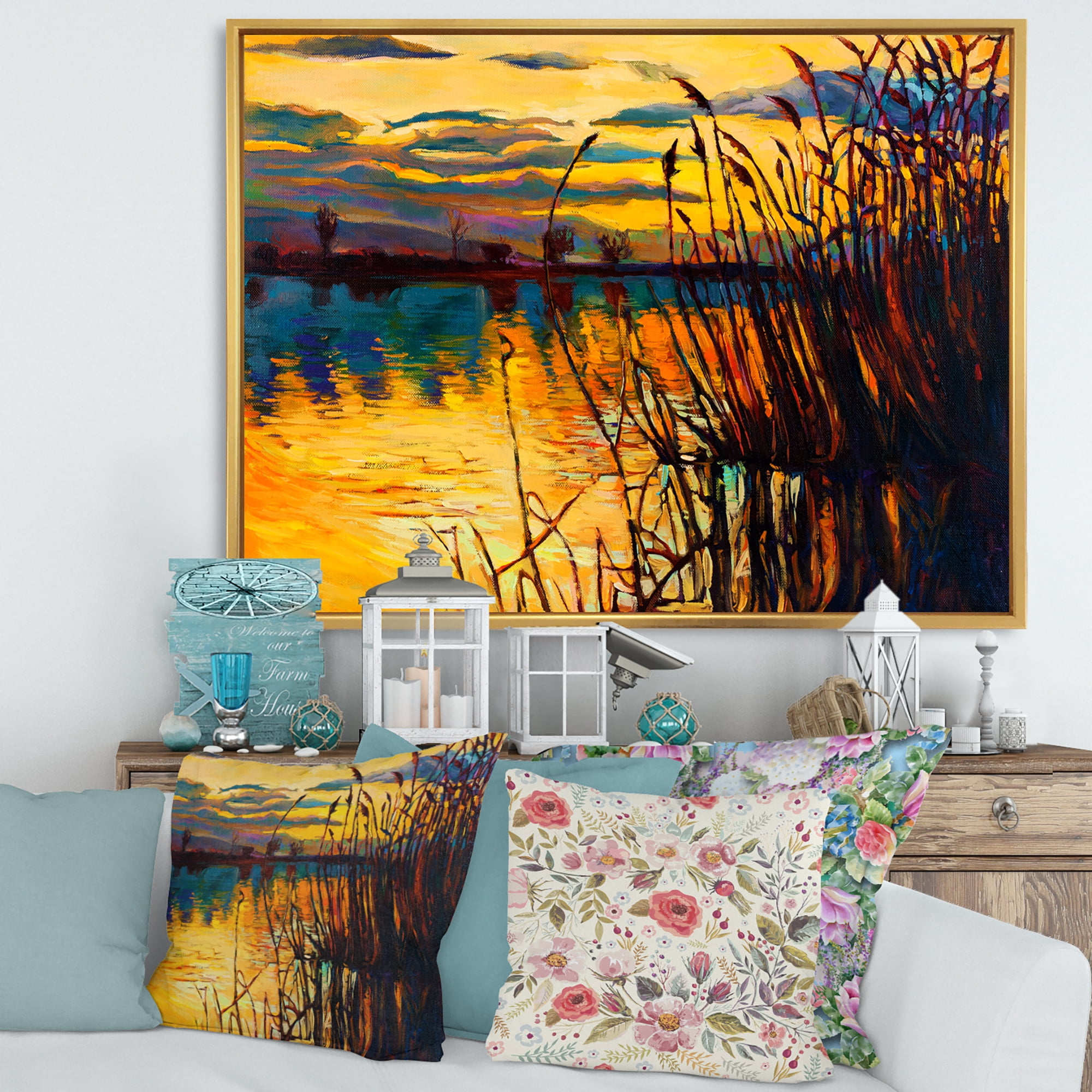 Yellow Evening Glow Through The High Grass By The Lake 20 in x 12 in Framed Painting Canvas Art Print, by Designart