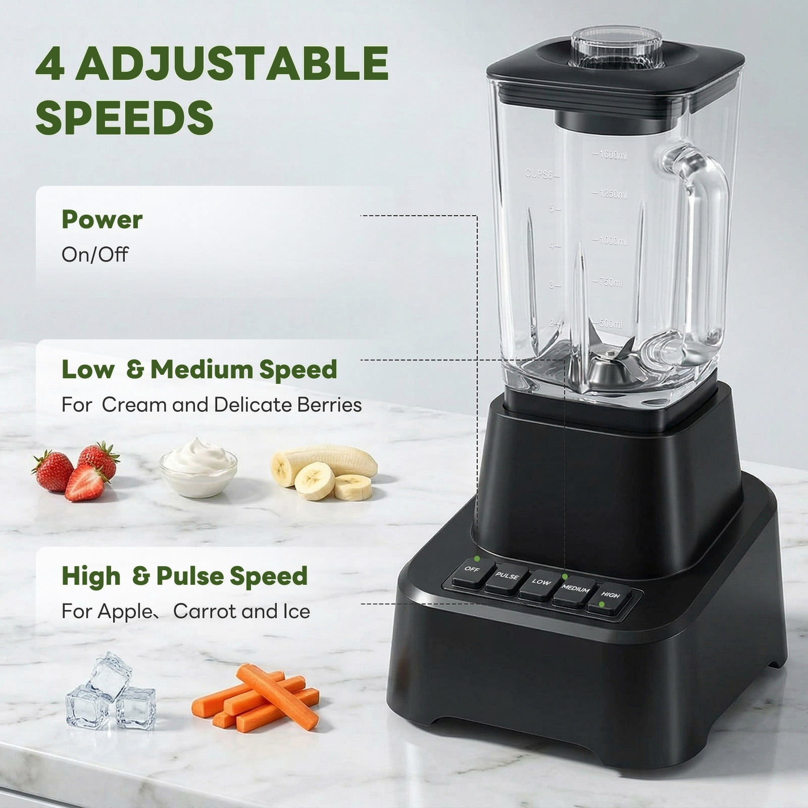 Gianna Blender with 850 Peak Watts, 54oz Full-Size Countertop Blender, 4 Speeds with Pulse for Smoothies & Frozen Drinks, Dishwasher Safe & Non-Slip Base, Black