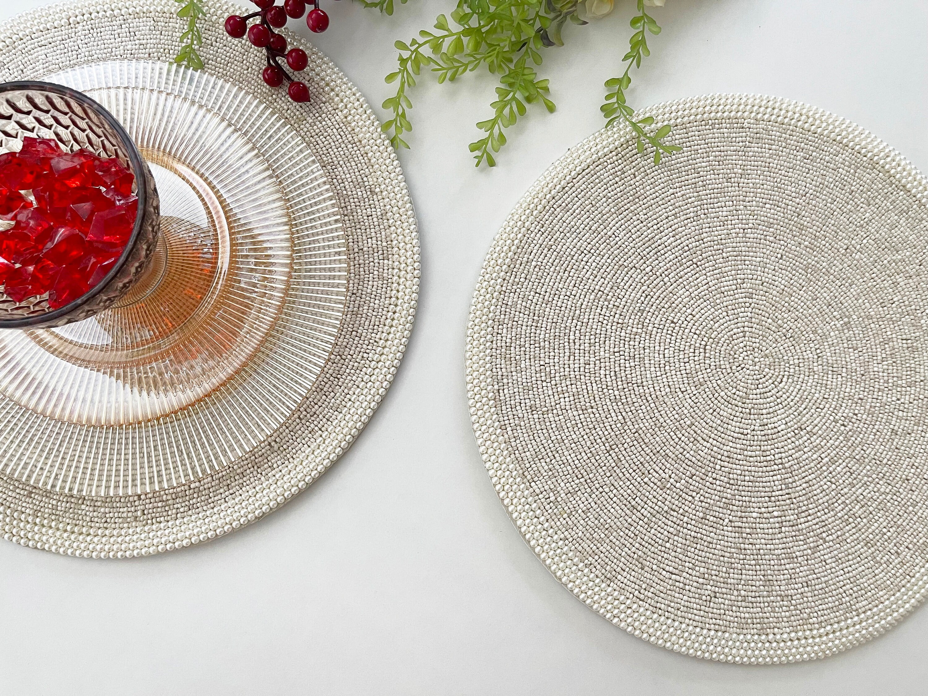 Set of 2, Handmade beaded placemat, tablemat, 14 inch, white, light cream charger plate, gift for her
