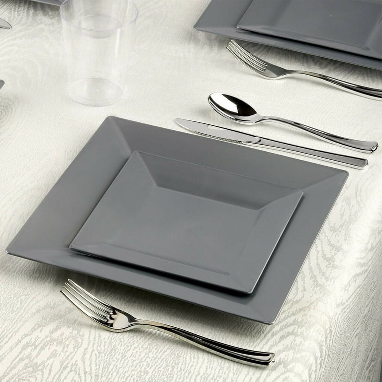 10pk 6.5 inch Shiny Silver Rimmed Square Disposable Plastic Plates Dinnerware