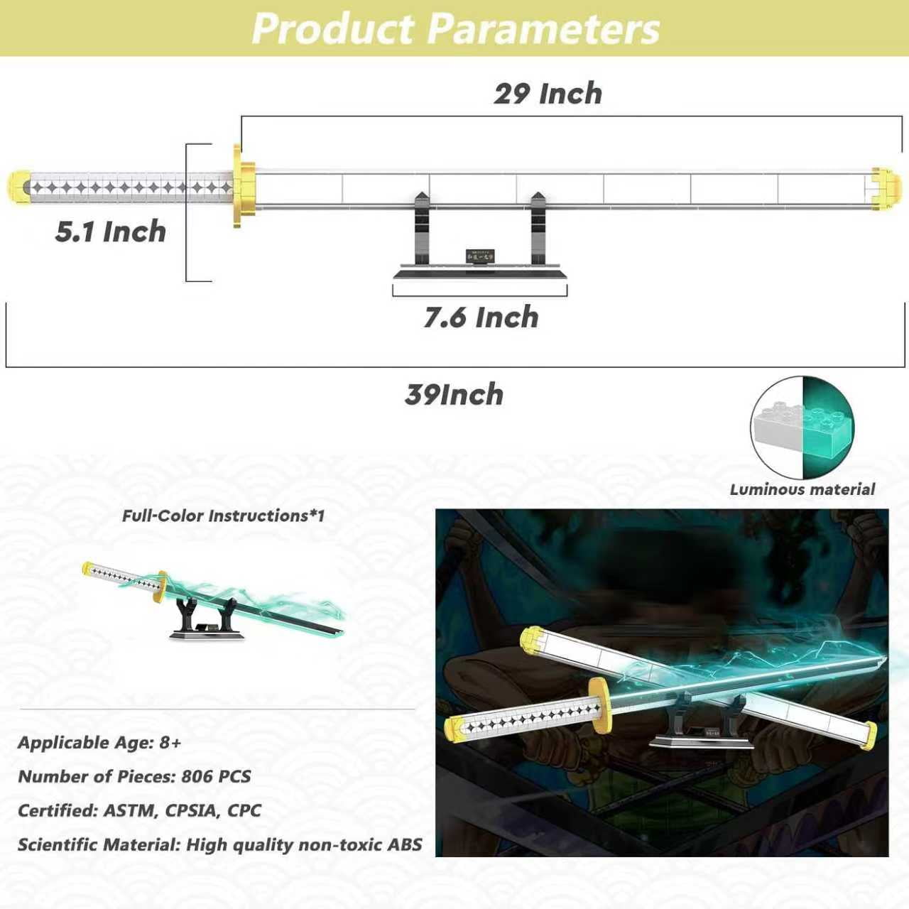 Anime Cosplay Swords Building Set, 806 Piece One White Ichimonji Yamato Sword, 39IN Roronoa Zoro Katana with Scabbard and Bracket for Adults and Kid 8+ (Luminous)