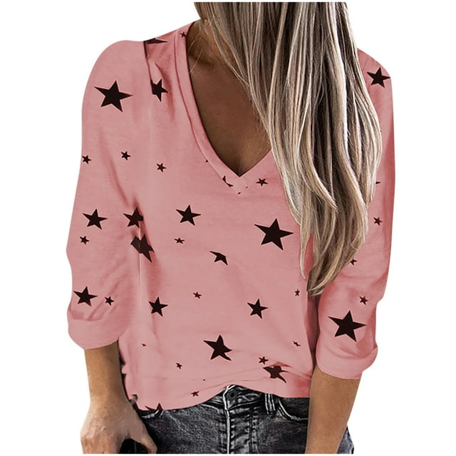 Pompotops Mode Décontractée pour Femmes Col en V Manches Longues Imprimé Étoile T-Shirt Blouse