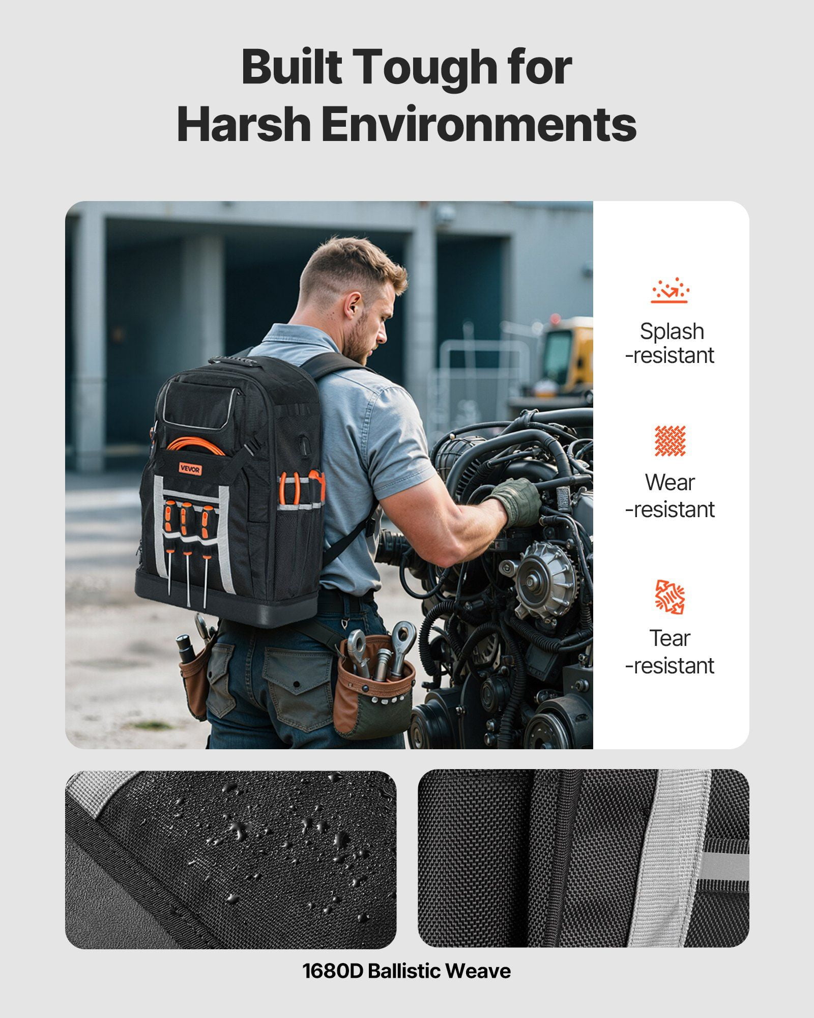 Tool Backpack with 56 Pockets and Splash-Resistant 1680D Nylon, Jobsite Tool Bag with Stable PVC Base, Padded Straps, Lock, and Charging Port for Electricians, Plumbers, and Heavy-Duty Outdoor Work