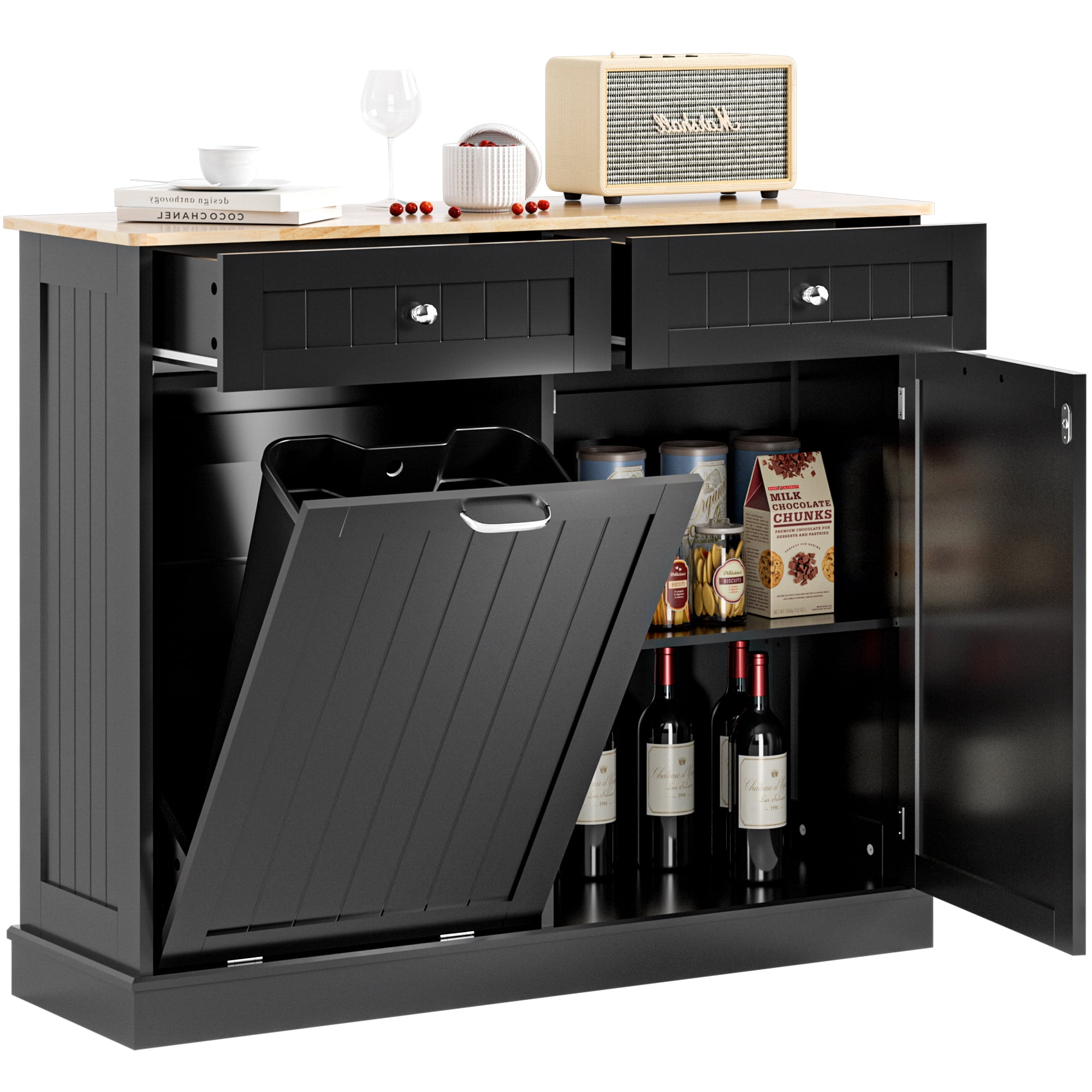 HARIPUL Single Tilt Out Trash Cabinet 13 Gallon Waste Bins Hidden Trash Bin w/ Hiddles for Kitchen, Black