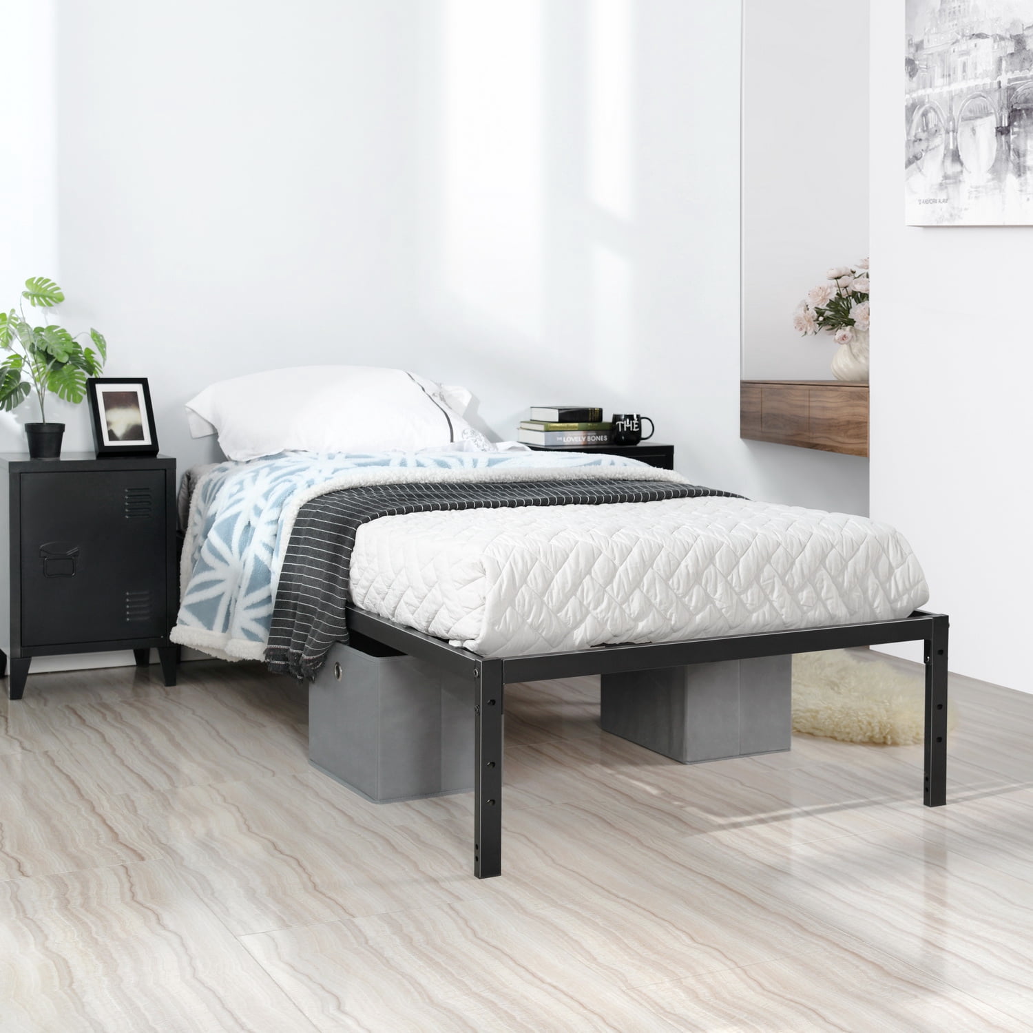Auto Beyond Single Bed Frame - Heavy-Duty Metal Platform Bed Frame with Under-Bed Storage, Steel Slatted Support Base, Black